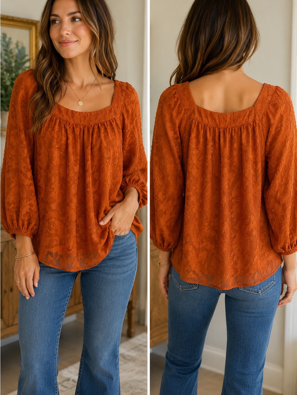 LC Lauren Conrad Textured Rust Floral Blouse | Lined Boho Peasant Top